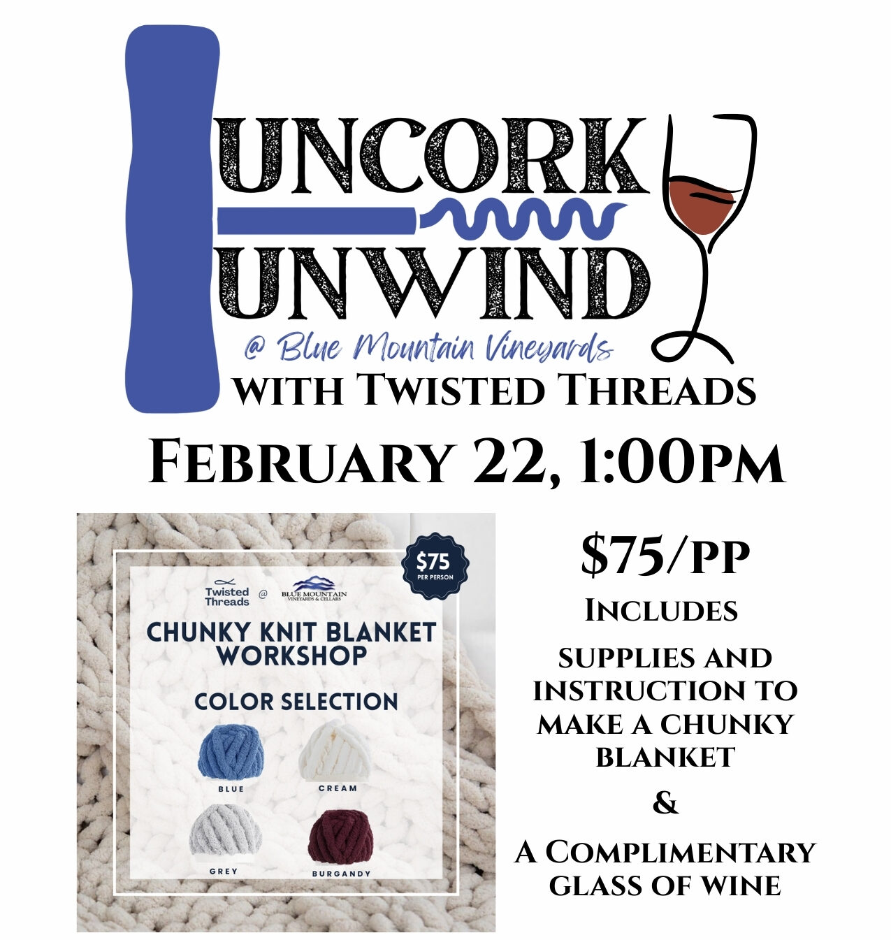 Uncork & Unwind: Chunky Knit Blanket Workshop – Sunday, February 22nd