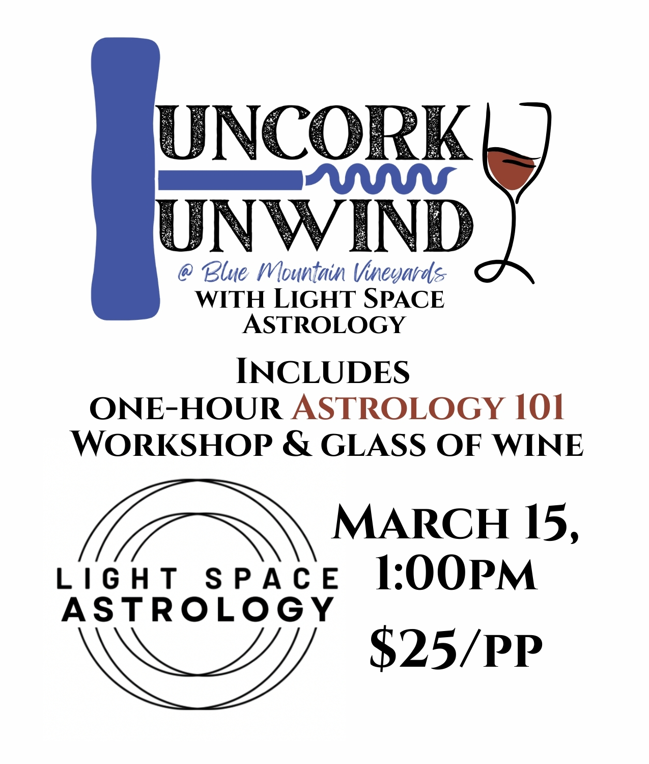 Uncork & Unwind: Astrology 101 Workshop – Sunday, March 15th